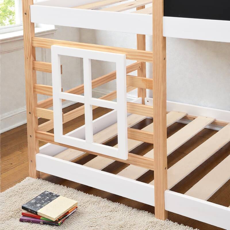 Full over Full / Twin over Twin House Bunk Bed with Roof, Windows, Blackboard, Storage Stairs, Solid Wood Frame
