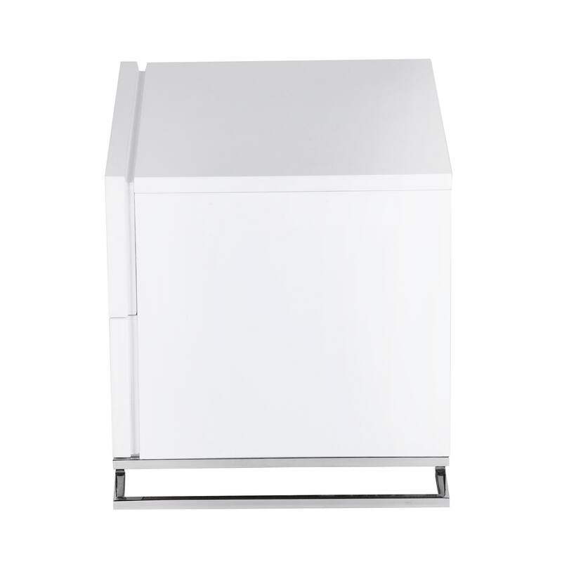 Sam 20 Inch Nightstand, 2 Drawers, White Wood, High Polished Metal Legs