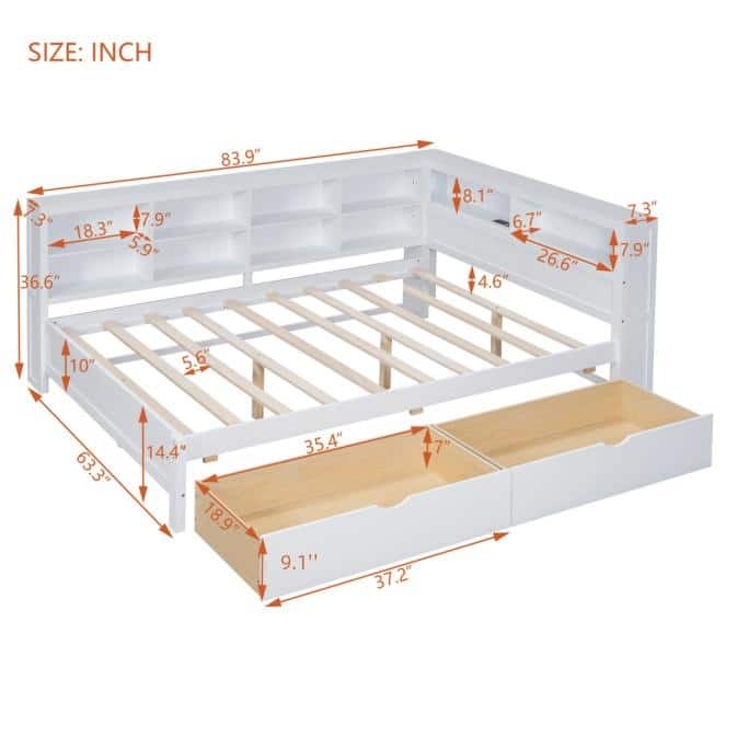 Full Size Wooden Daybed with 2 Storage Drawers, USB Charging Ports, Double-Layer Shelf, Sturdy Slatted Support