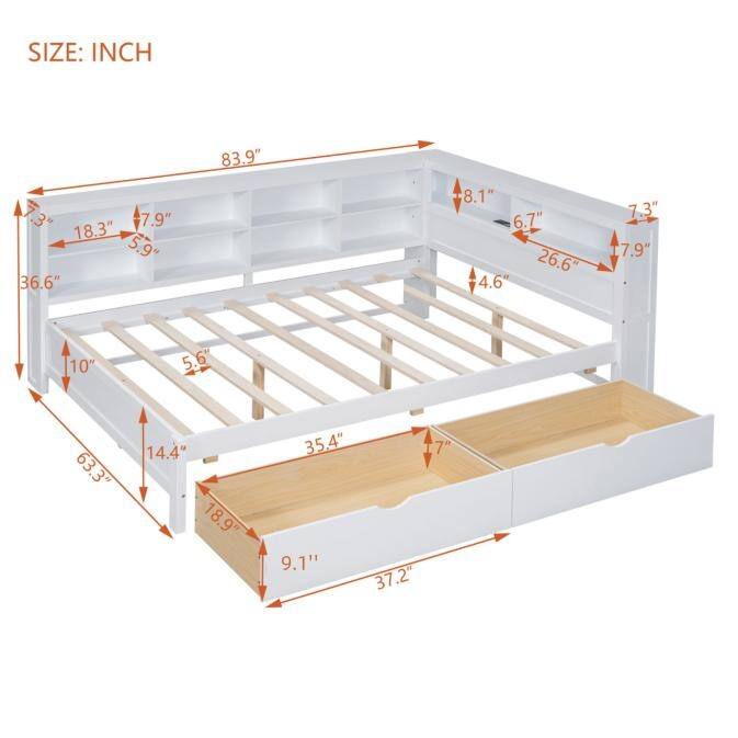 Wood Twin/Full Size DayBed with 2 Drawers, Storage Shelf and USB Charging Ports