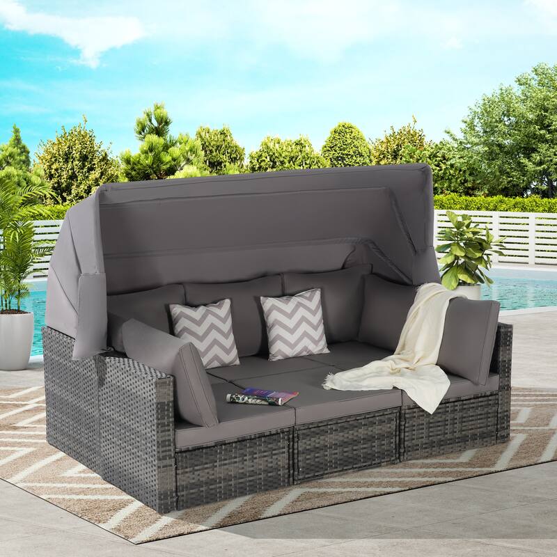 3-seat Sofa with Retractable Canopy, 2 Single Armless Chairs and Side Table - 5 Pieces Furniture Set Convertible Modular Daybed