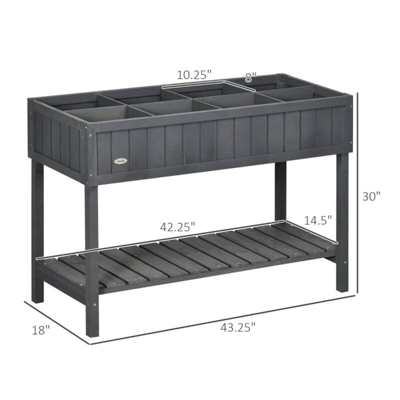 Elevated Dark Grey Wooden Raised Garden Bed with 8 Planter Boxes and Bottom Storage Shelf - 43.25" L x 18" W x 30" H