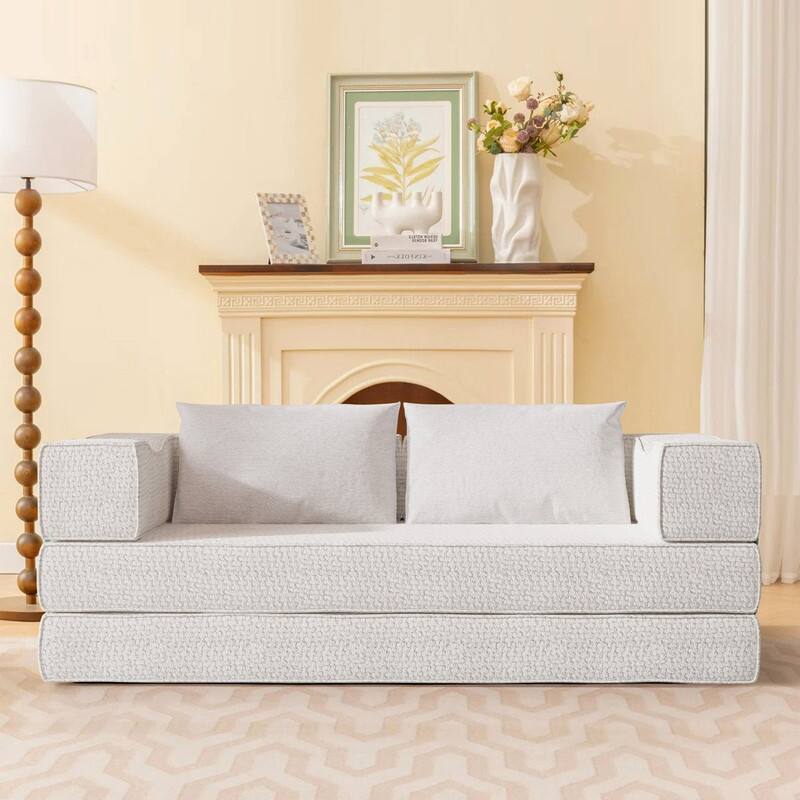 80" Convertible Couch Bed with Removable Cushions and Pillows, 3-Seat Folding Floor Couch & King Size Bed Mattress - Beige