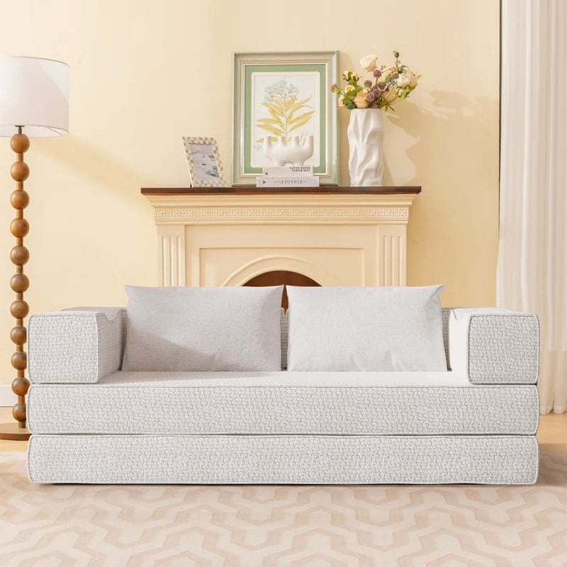 80" Convertible Couch Bed with Removable Cushions and Pillows, 3-Seat Folding Floor Couch & King Size Bed Mattress