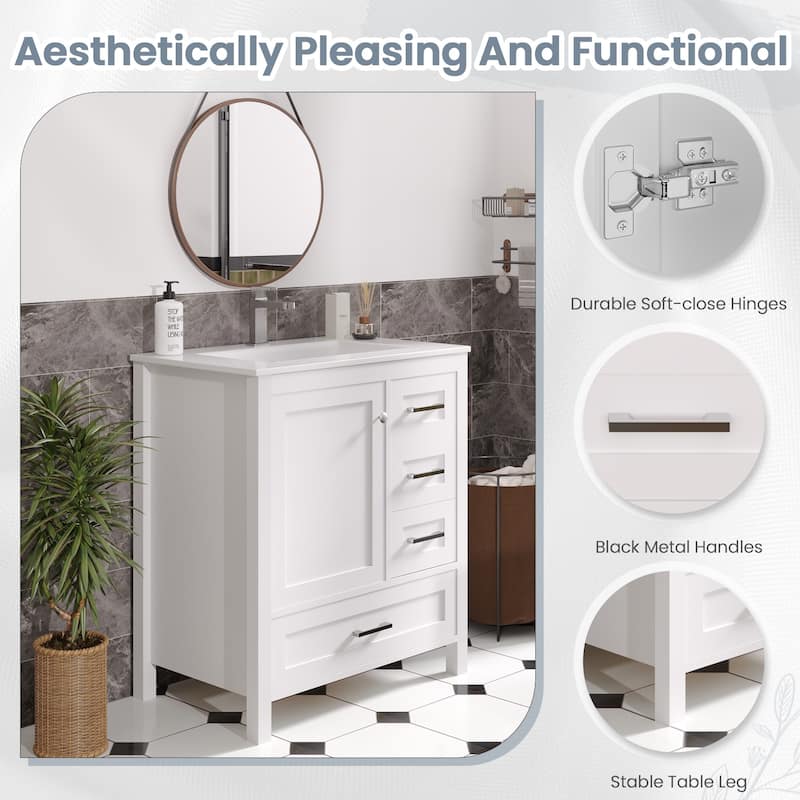 EROMMY All-in-One Bathroom Vanity with Ceramic Sink, Soft-Close Storage Cabinet & Drawer, Glossy Countertop, White