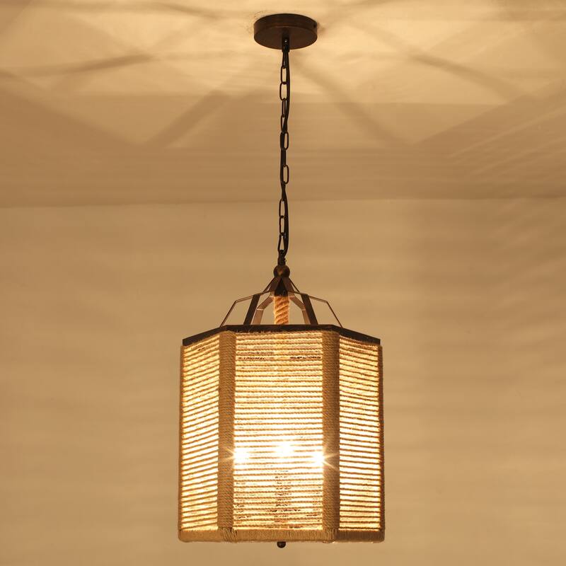3-Light Farmhouse Lantern-style Chandelier with Hemp Rope for Living Room