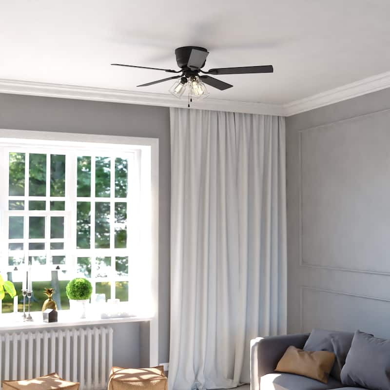 Cromwell 52 in. Matte Black Low Profile Flush Mount Ceiling Fan Reversible Black-Oak Blades, LED Light Kit Pull Chain and Remote