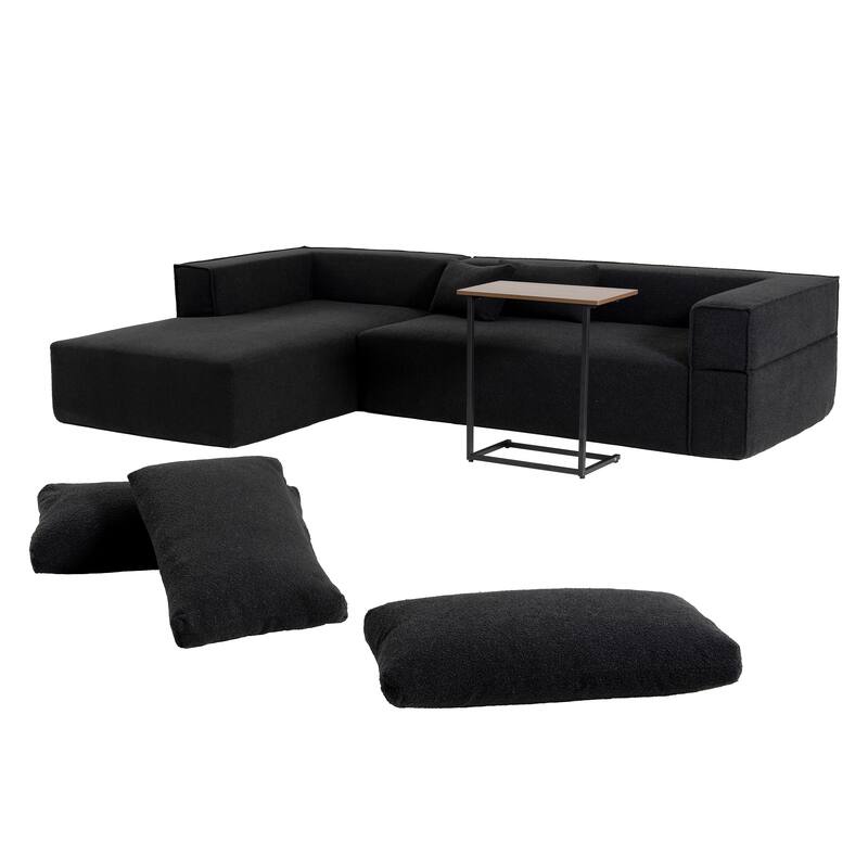 Modular Sectional Sofa with Side Table, Upholstered Cloud Sofa with L-Shaped Chaise Lounge, Full-Compressed Deep Seat Sofa