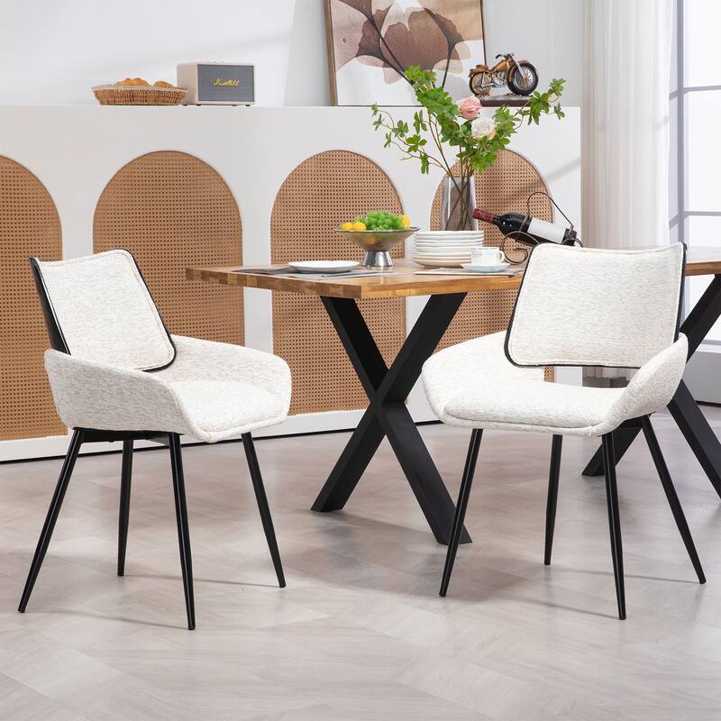 Set of 2 Bea White Two-Toned Linen Fabric Dining Chair with Black Iron Legs