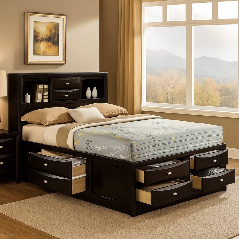 Simo King Bed, Bookcase Headboard, Storage Drawers, Black