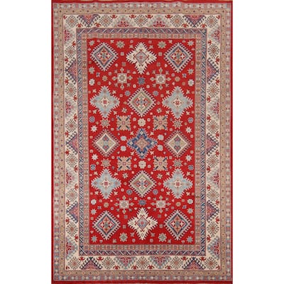 Red Kazak Area Rug Hand-Knotted Oriental Wool Carpet - 6'5" x 9'9"