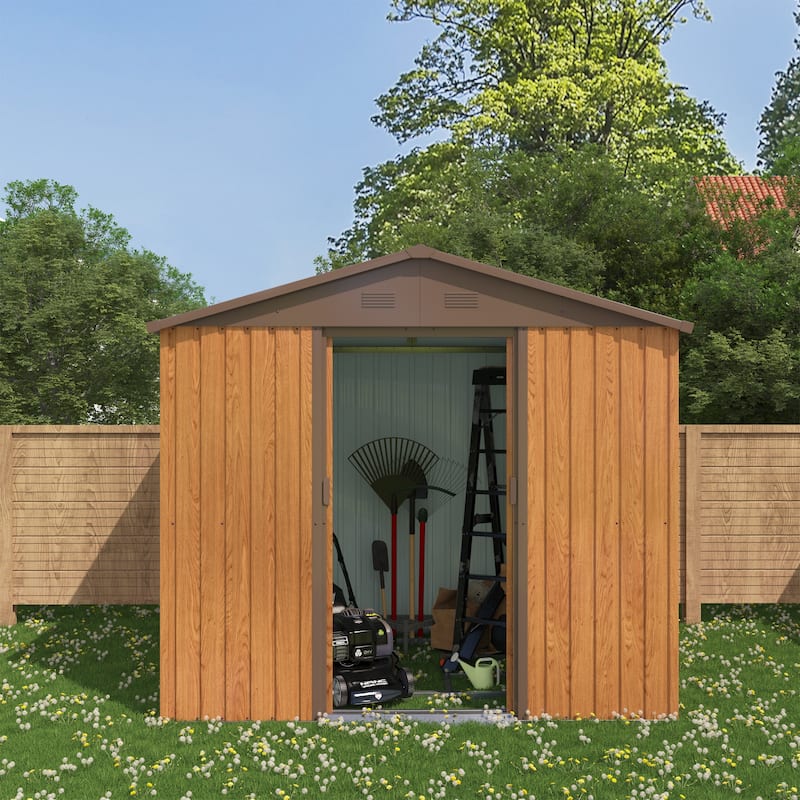 Clihome 6 x 8' Storage Shed Metal Imitation Wood Grain Tool Shed with Floor