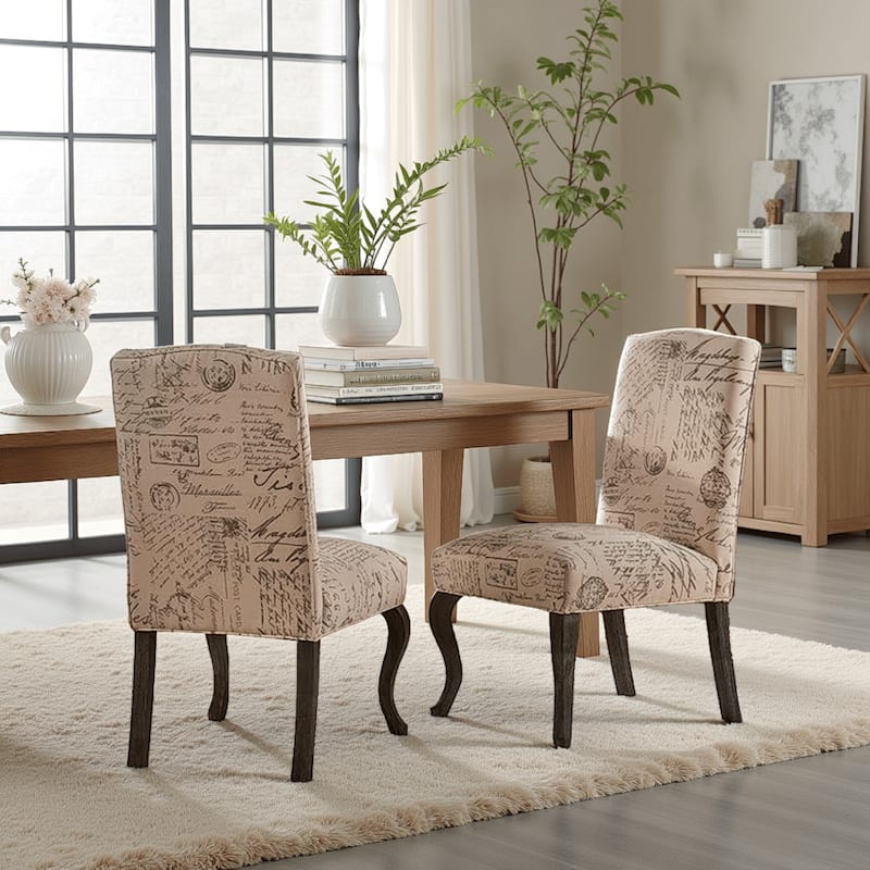 Lynna Dining Chair Set of 2, Beige Script Pattern Design, Carved Legs