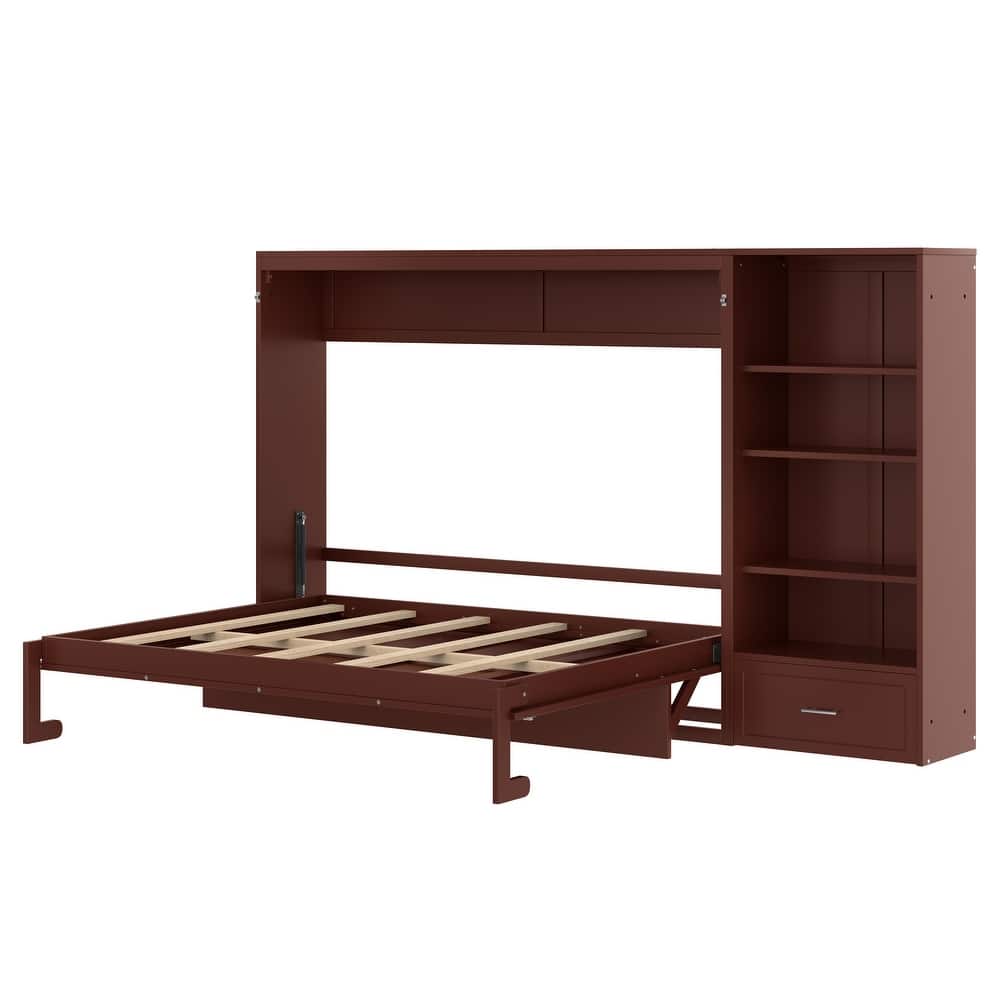Queen Size Murphy Bed with Storage Compartments and Shelf