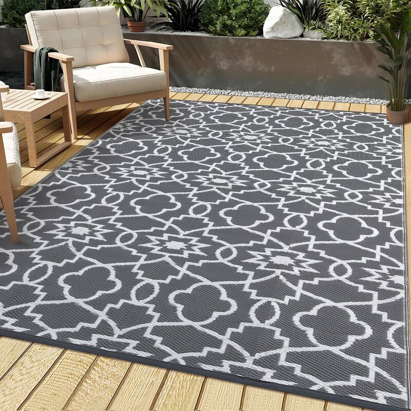 Outdoor Plastic Straw Rug Geometric Waterproof Reversible Area Rug for Patio Backyard Picnic Camp Beach