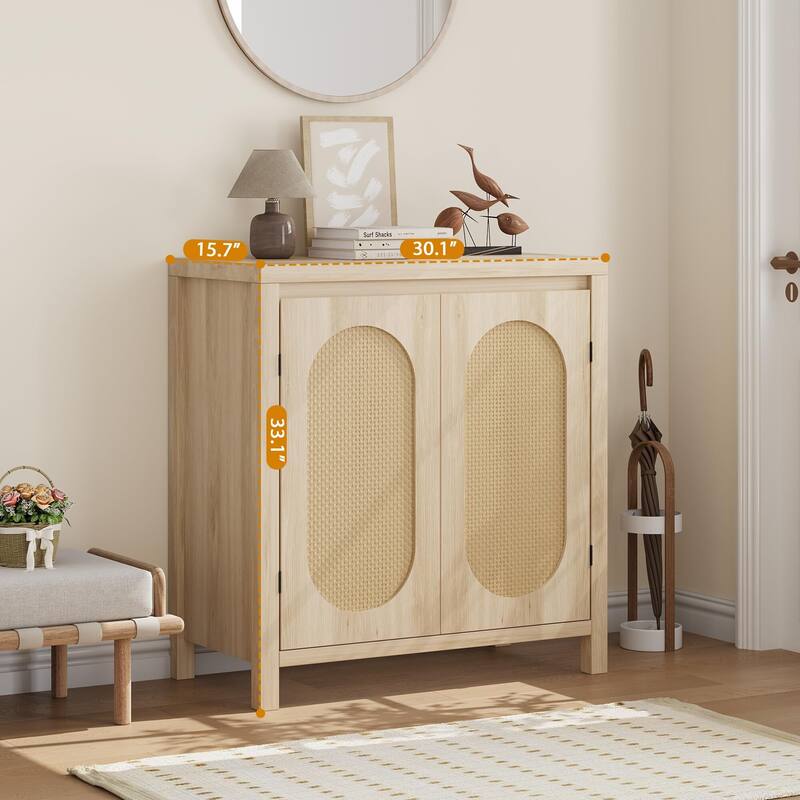 Rattan Storage Cabinet, Wooden Sideboard Buffet Cabinet with Doors and Shelves