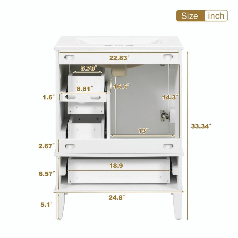 24.8" Bathroom Vanity with Ceramic Sink, Modern Freestanding Cabinet with Soft-Close Door and 3 Storage Drawers