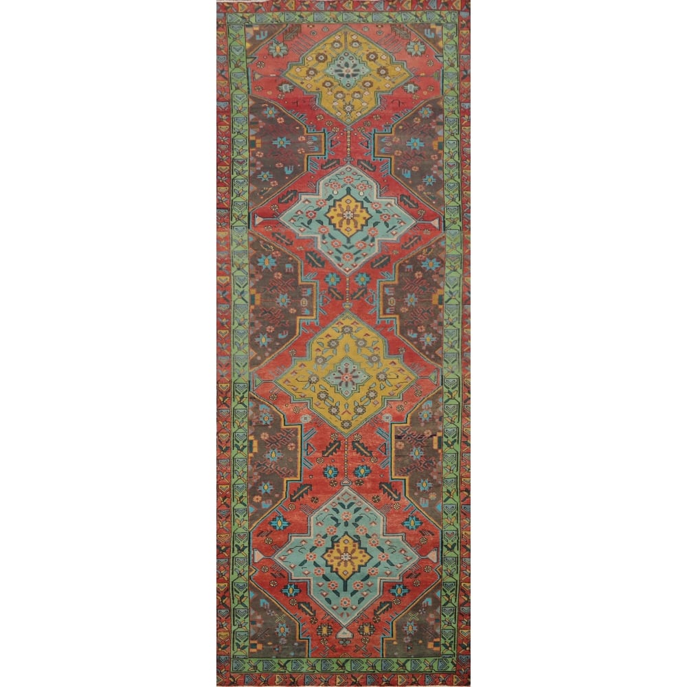 Hand Knotted Oriental 100% Wool Carpet Traditional Geometric Red Tabriz Runner Rug - 13' 11'' X 4' 1''