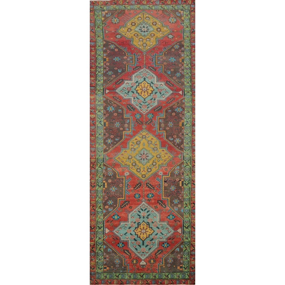 Hand Knotted Oriental 100% Wool Carpet Traditional Geometric Red Tabriz Runner Rug - 13' 11'' X 4' 1''