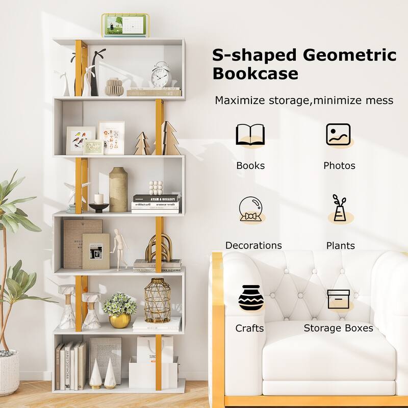 Gymax 6-Tier Geometric Bookcase 74.5-Inch S-Shaped Bookshelf w/ Metal