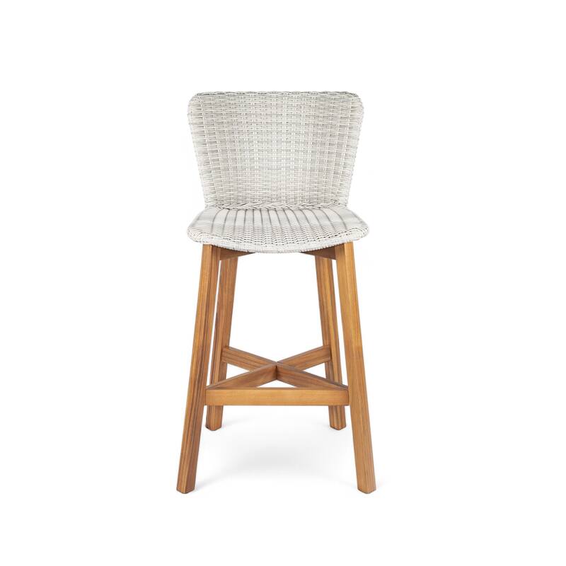 Roomfitters Lymington Outdoor Acacia Wood Barstools with Wicker Seat, Teak Finish and Light Brown Set of 2