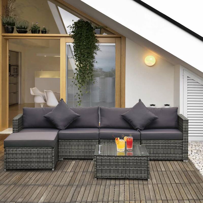 6 Piece Patio Furniture Set, Ottoman, Cushions and Glass Table