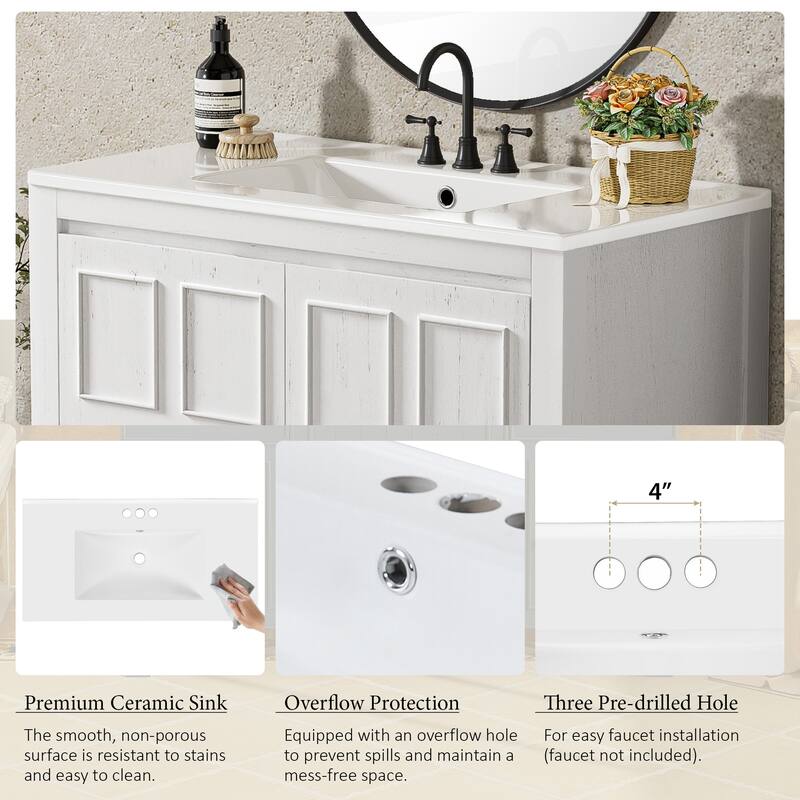 36" Bathroom Vanity with Ceramic Sink, Solid Wood Frame Bathroom Storage Cabinet