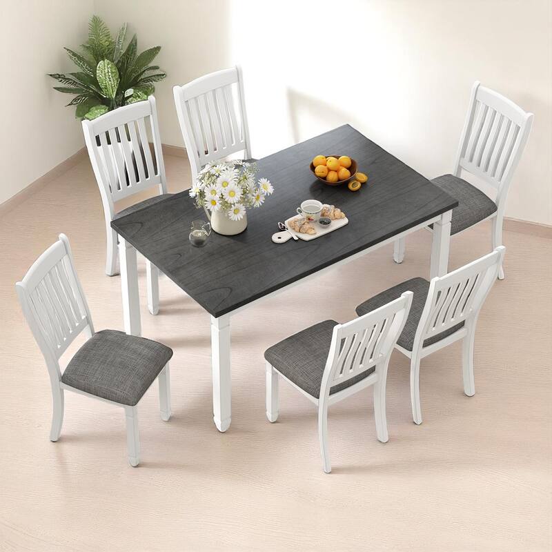7-Piece Kitchen Dining Set with Gray Tabletop and Linen Chairs, Wood Table Set for 6 with Shaped Legs - Gray White