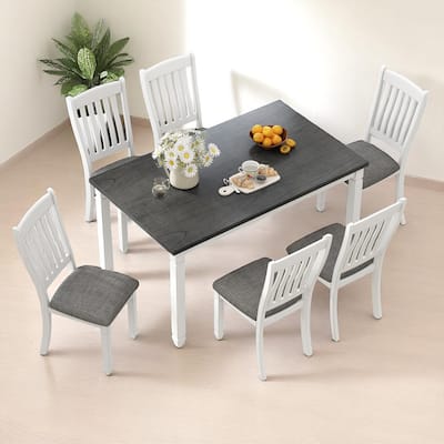 7-Piece Kitchen Dining Set with Gray Tabletop and Linen Chairs, Wood Table Set for 6 with Shaped Legs