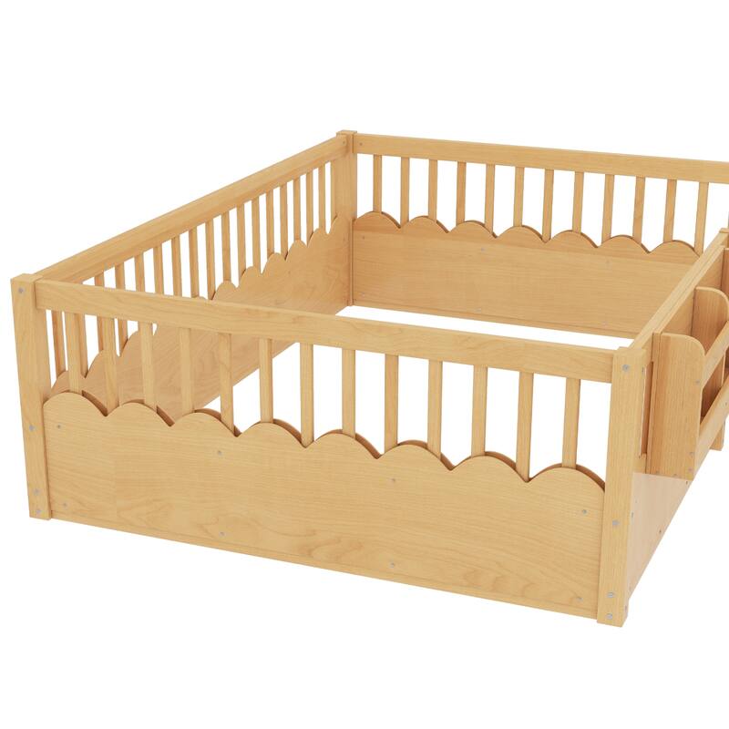 Roomfitters Floor Bed with Bookshelf and Heightened Fence, Solid Wood Frame with Guardrails