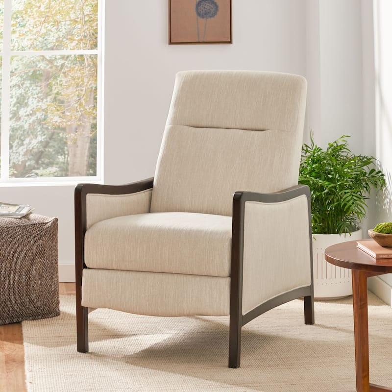 Beige Mid-Century Push-Back Recliner, Footrest, Birch Wood Frame