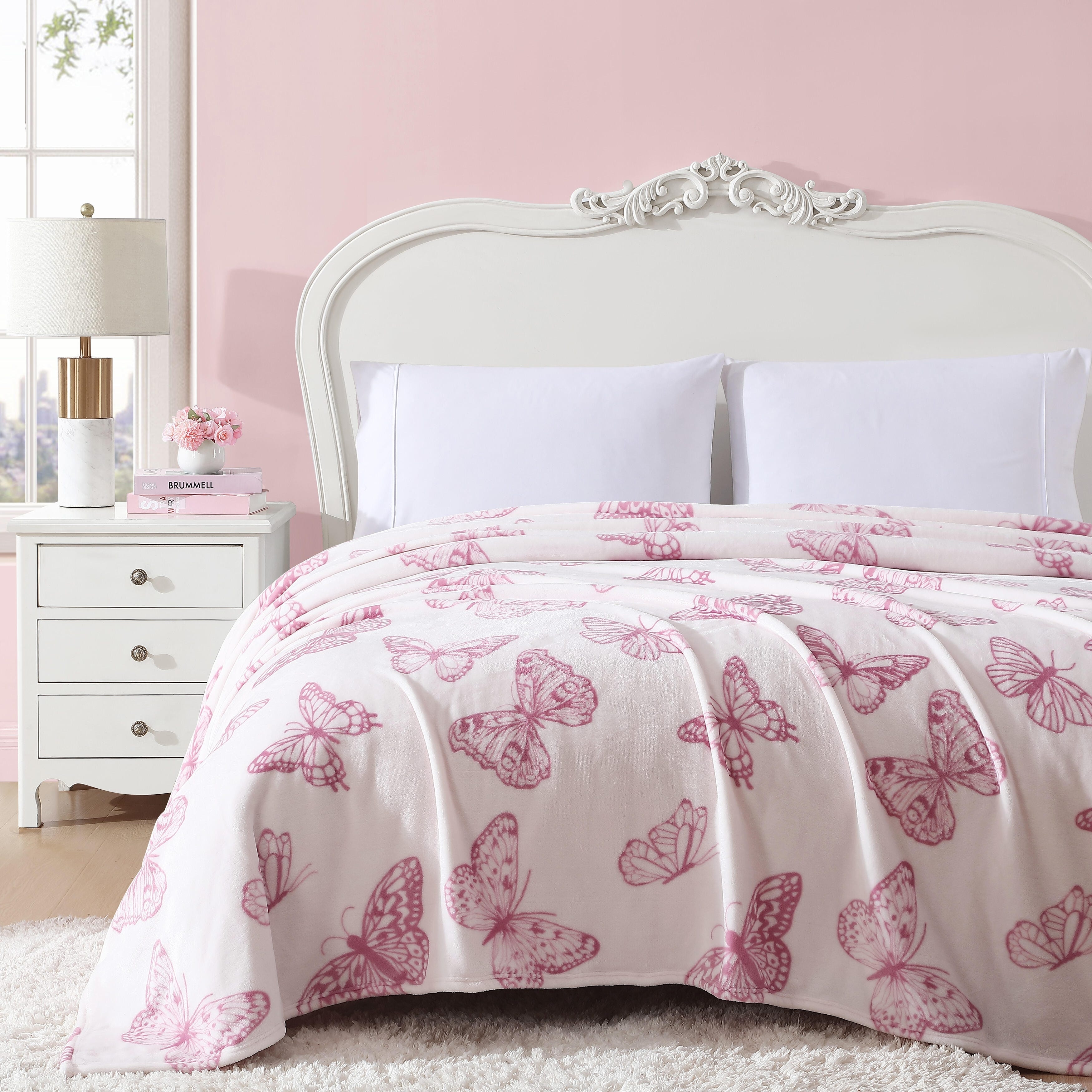 Betsey Johnson Printed Ultra Soft Plush Reversible Blanket Malachite Butterfly Pink Full Queen