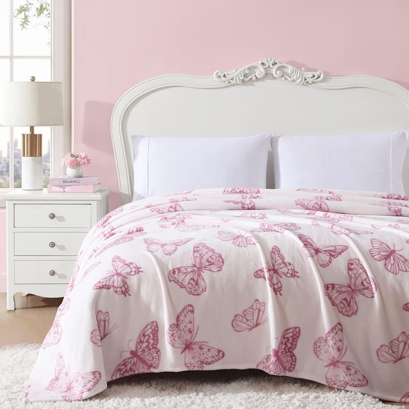 Betsey Johnson Printed Ultra Soft Plush Reversible Blanket - Malachite Butterfly Pink - Full - Queen