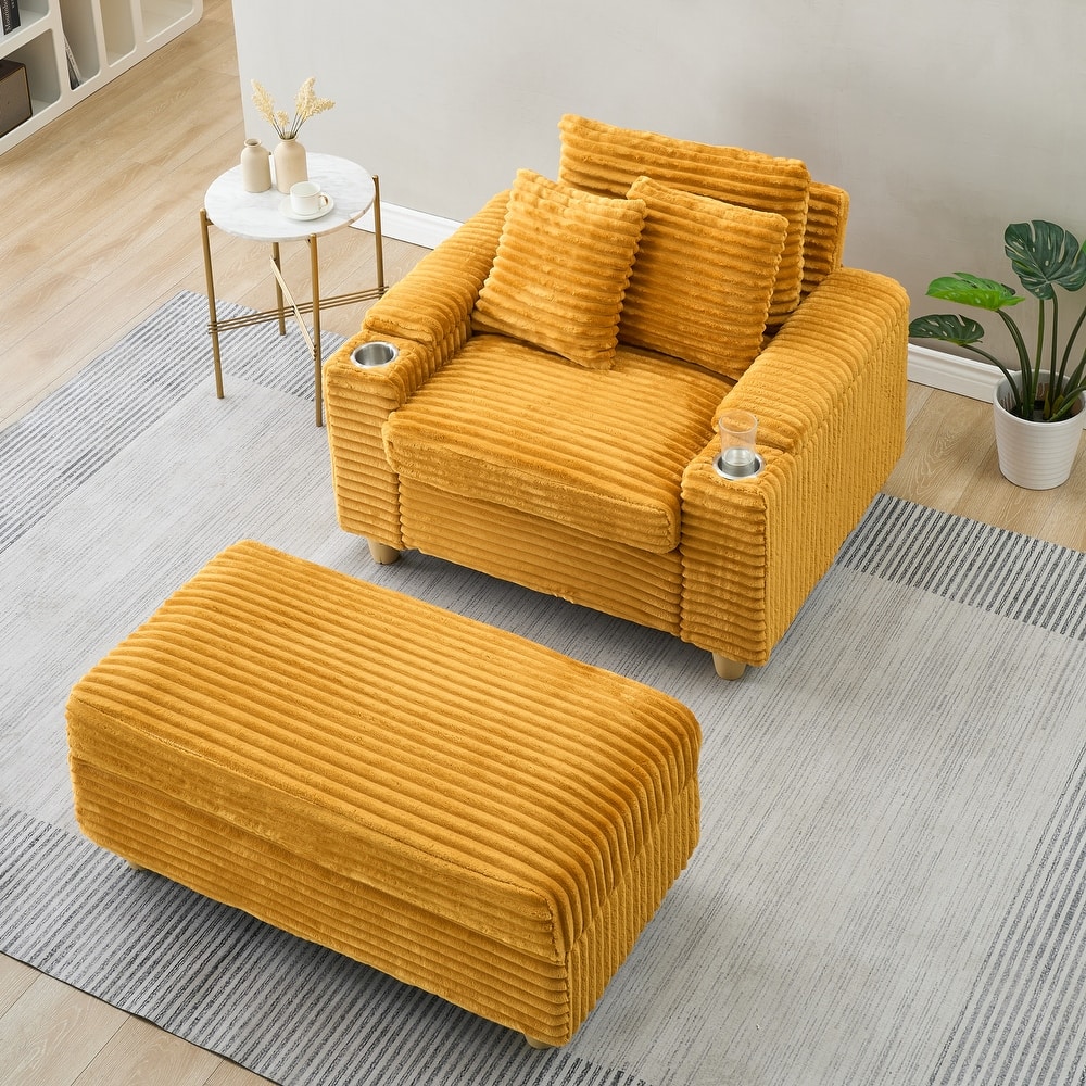 Corduroy Accent Chair & Storage Ottoman Set of 2, Single Sofa Armchair Lounge Chair with Pillows & Cup Holders