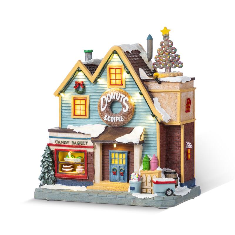 Glitzhome 10.25"H Lighted Christmas Donuts & Coffee Shop Resin Village with Movement and Music