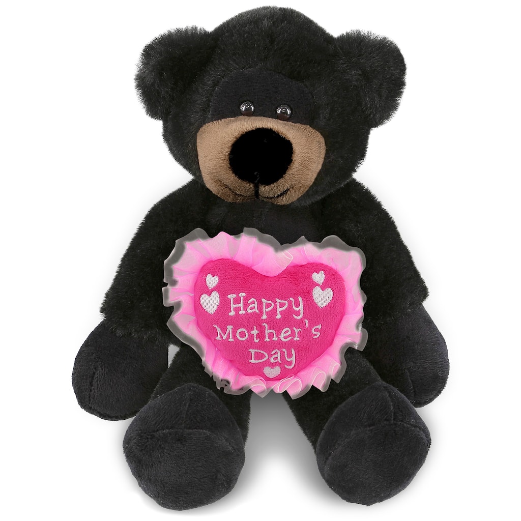 DolliBu Mother’s Day Soft Plush Long Leg Black Bear with Pink Heart - 10.5 inches