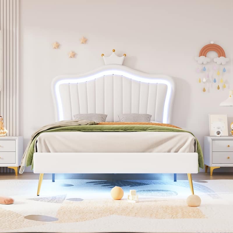 White Twin Upholstered Platform Bed with LED Crown Headboard - MDF, Plywood, PU, Metal, 600LBS Capacity