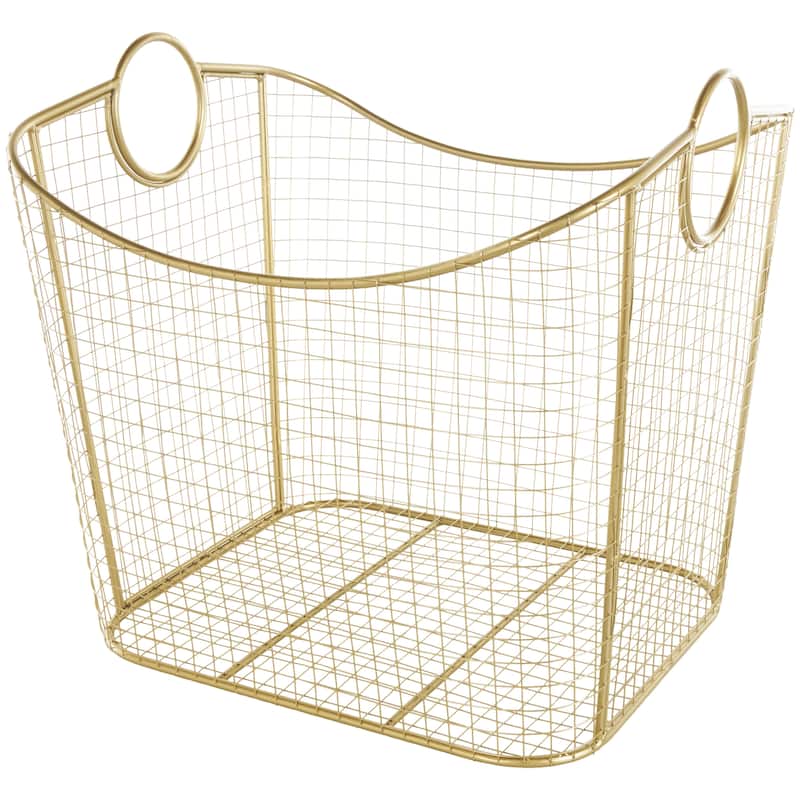 Metal Wire Grid Decorative and Functional Storage Basket with Curved Edges Ring Handles - Gold or Black - Roche River Decor - Gold - 20"W, 19"H