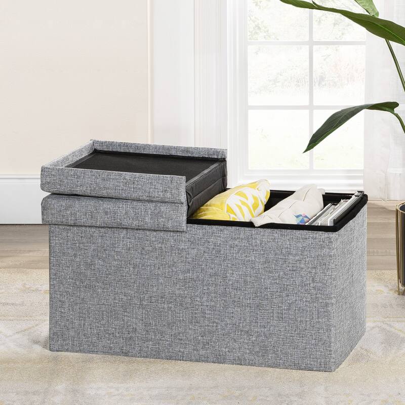 30 Inch Smart Lift Top Button Tufted Fabric Storage Ottoman by Crown Comfort - Light Grey