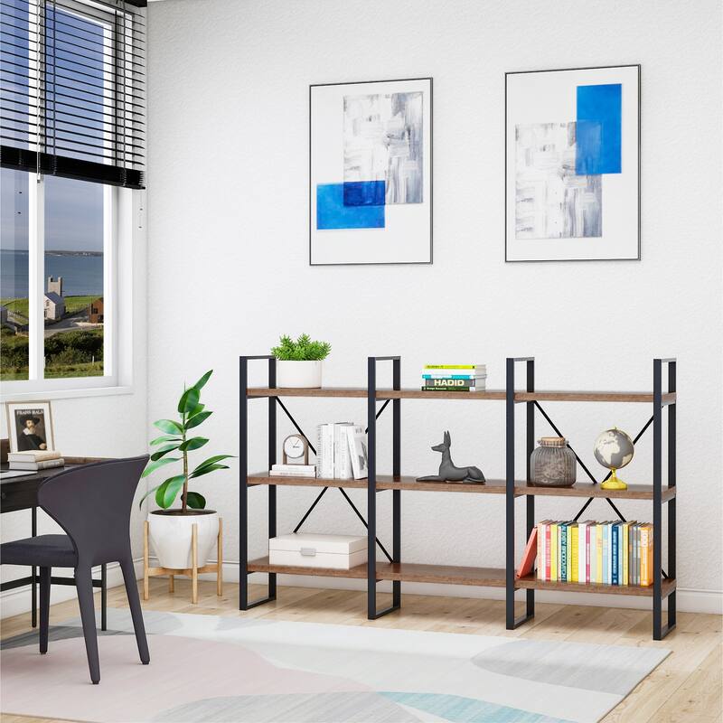 Davee Antique Walnut Wood and Metal Display and Steel Etagere Bookcase - 70*12.52*42.91 inches - Antique Walnut - 70*12.52*42.91 inches