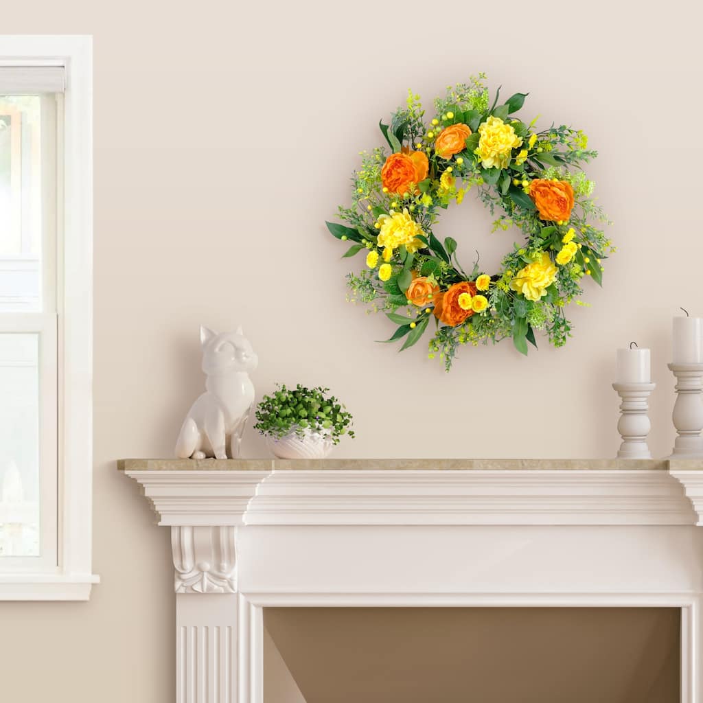 Peony Floral Artificial Spring Wreath - 24" - Yellow