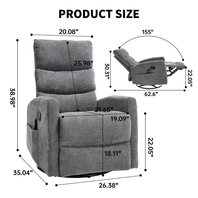 Roomfitters Manual Rocker Swivel Recliner Chair with Heat and Massage Fabric Glider Lounge Sofa for Living Room