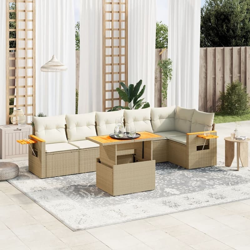 vidaXL Patio Sofa Set with Cushions Outdoor Furniture 7 Piece Poly Rattan - 21.7 x 39.4 x 28.7 in - Beige and cream