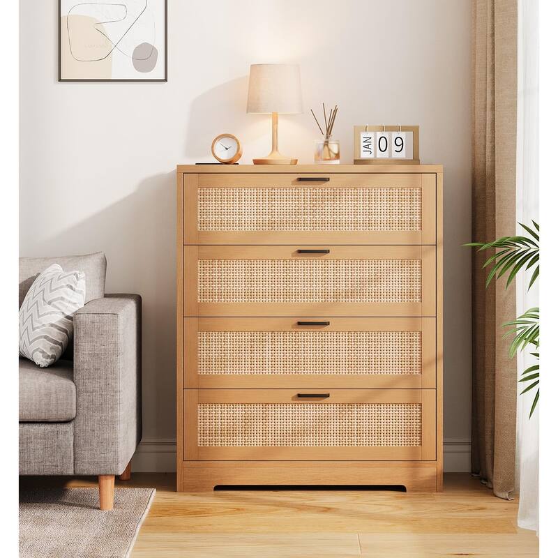 4/5 Drawer Rattan Dresser for Bedroom, Wood Dresser Chest of Drawers with Power Outlets