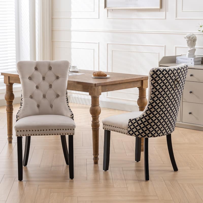 Plaid High Back Tufted Dining Chair, Velvet Soft Cushion Chair with Nailhead Trim Armless Wood Chair, Set of 2