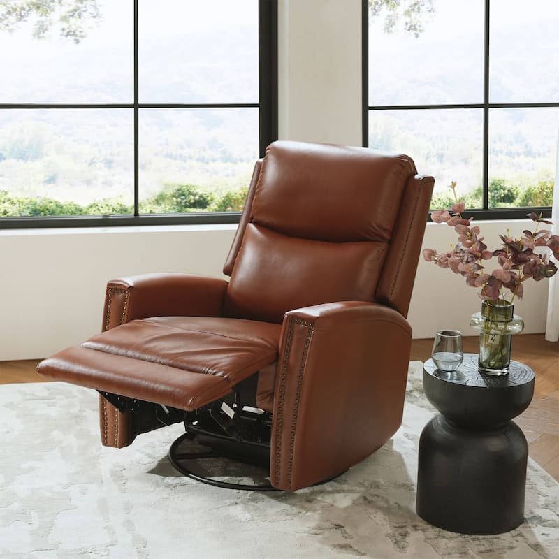 Fiacro 30.31"Wide Mid-Century Modern Genuine Leather Wingback Swivel Rocker Recliner with Nailhead Trims