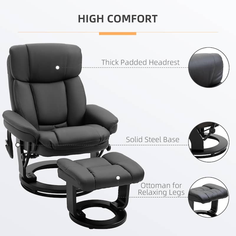 PU Leather Massage Chair with Ottoman, Recline, Swivel and Remote - 33" W x 33" D x 41.75" H