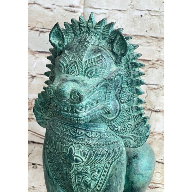 Chinese Foo Dog Guardian Lion Bronze Sculpture Statue Signed Handmade Art 13 Inches X 6 Inches