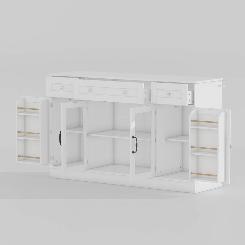 White Buffet Cabinet with 3 Drawers and 4 Doors, Glass Center Doors Sideboard