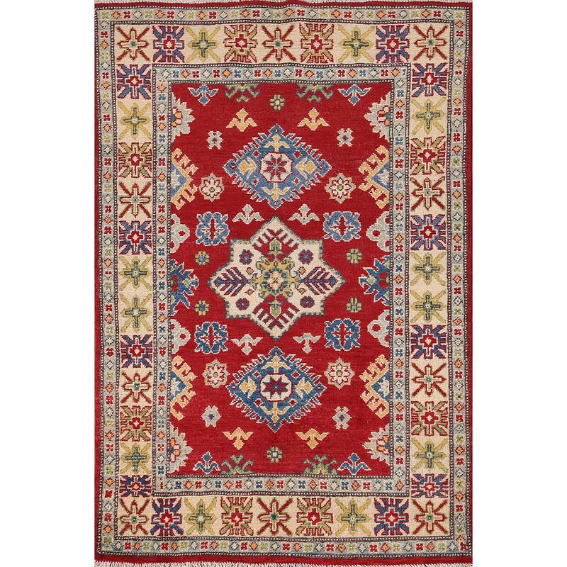 Red Traditional Geometric Kazak Accent Rug Hand-Knotted Wool Carpet - 3'1" x 5'0"